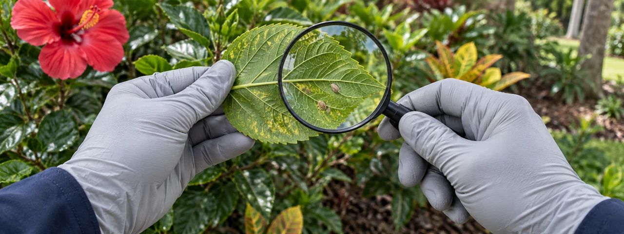 Gloved hand holding an affected leaf beside a magnifier at a planted commercial property