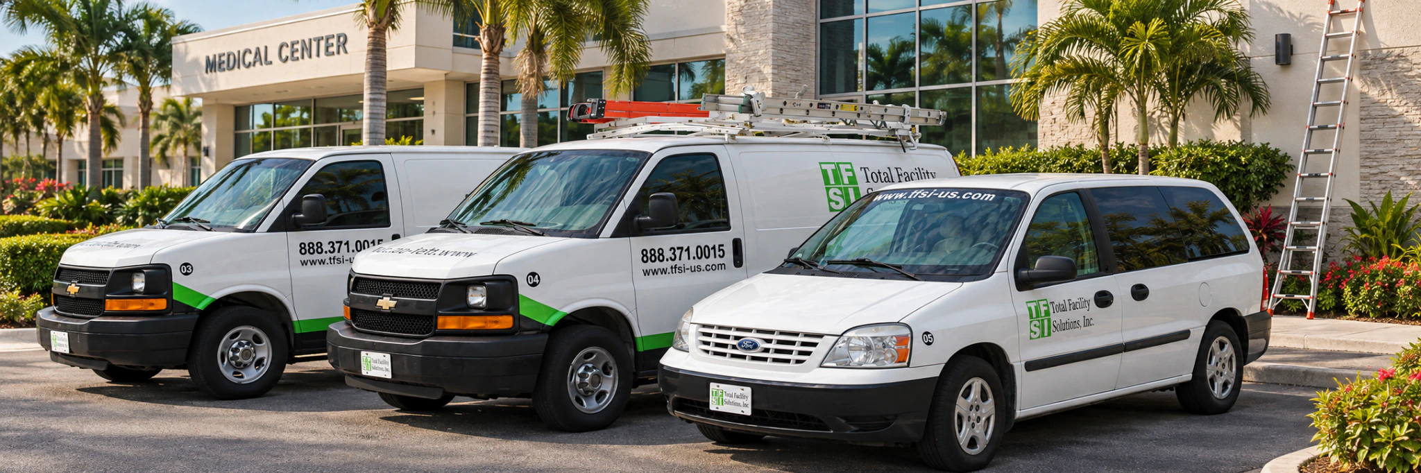 Three TFS maintenance service vehicles in front of a medical center