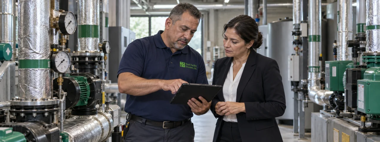 TFS building engineer reviewing equipment checklist with a manager