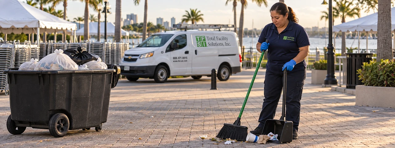 Woman collecting litter from a paved event plaza during cleanup