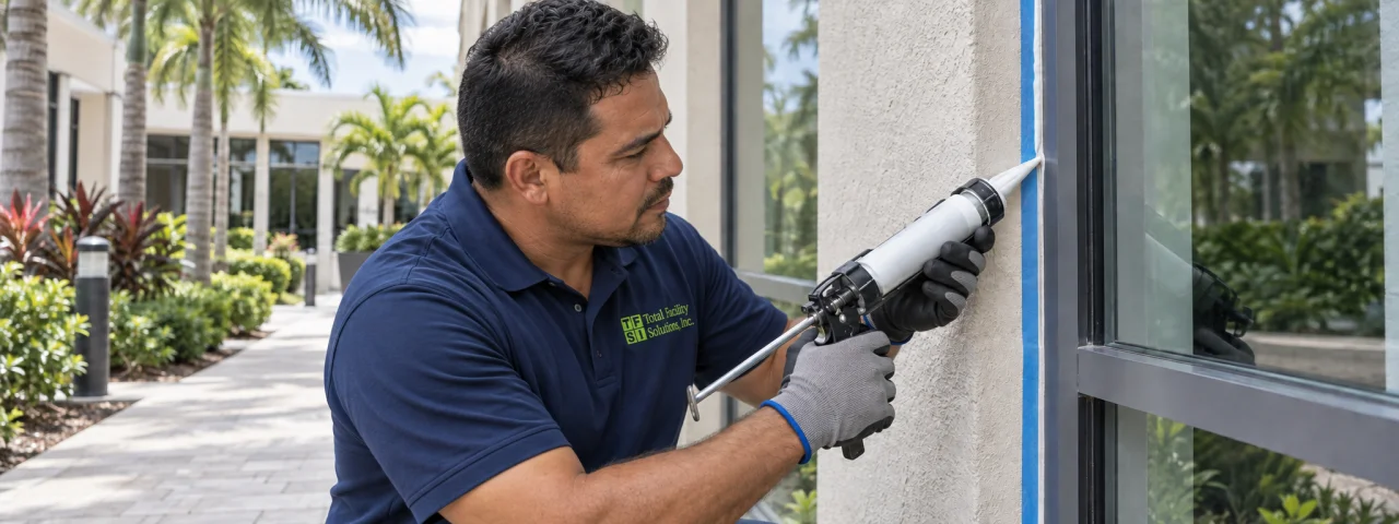 TFS employee applying sealant to an exterior window frame
