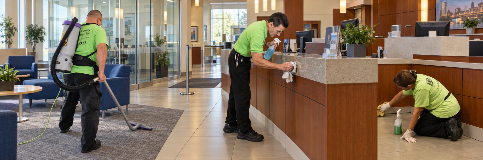 Three TFS employees cleaning a commercial bank lobby