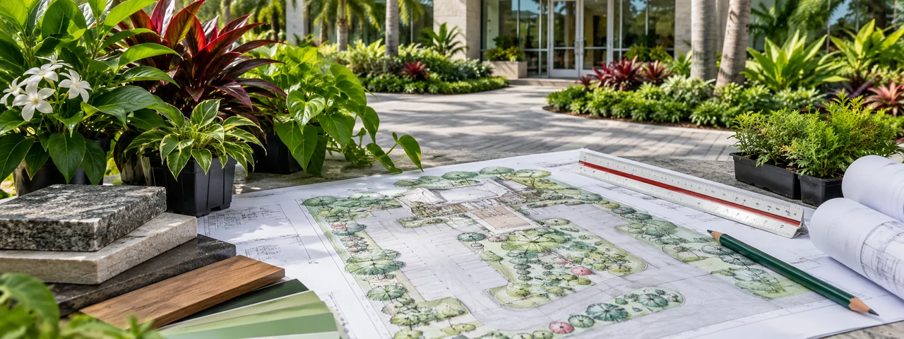 Plano de plantación y muestras de follaje sobre una mesa junto a una entrada comercial
