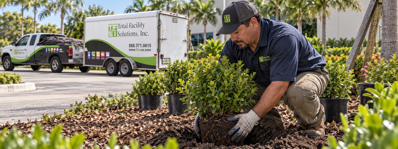 TFS landscape crew member setting a shrub into a prepared commercial planting bed