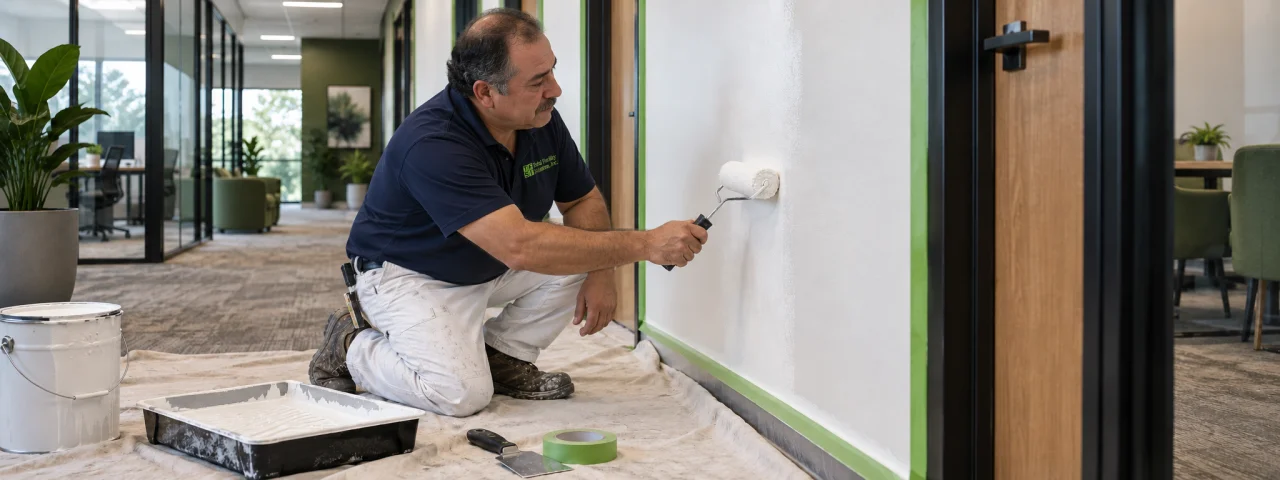 Funcionário da TFS preparando e pintando uma parede interna