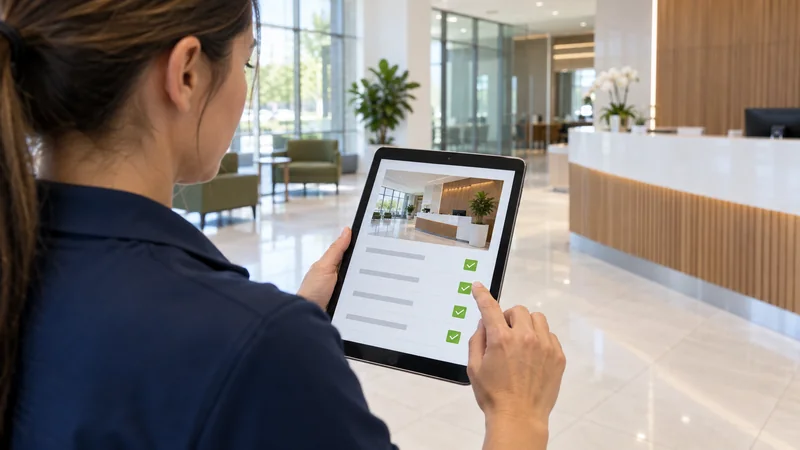 Supervisora de TFS realizando una inspección digital en una tableta en el vestíbulo de un edificio comercial