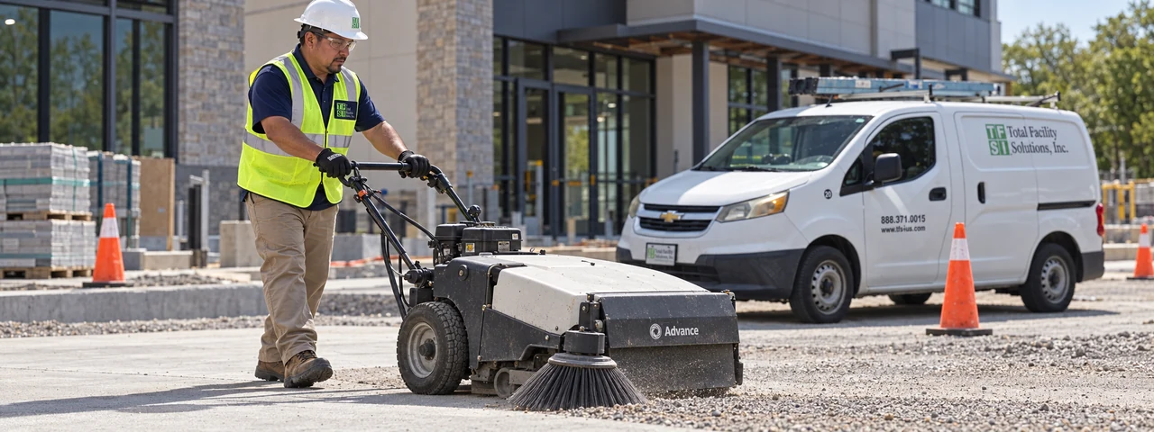 Sweeping equipment collecting loose material from a paved construction access area