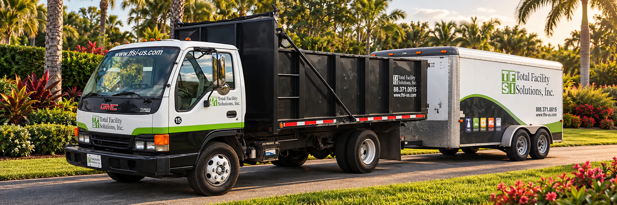 TFS landscape dump truck and enclosed trailer among tropical gardens