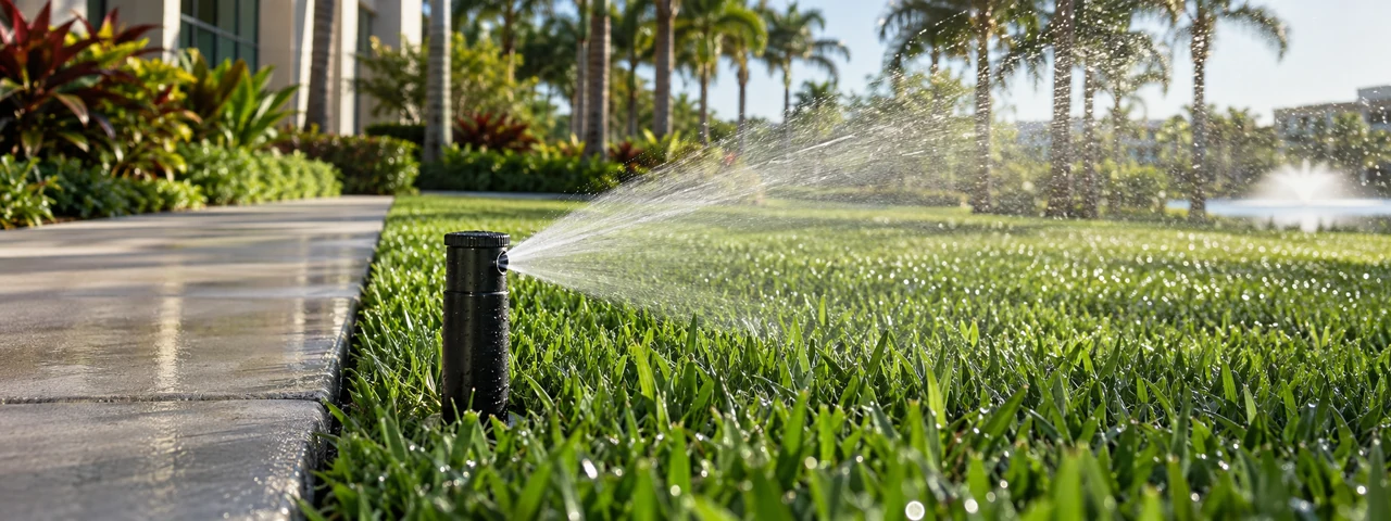 Irrigation head watering a planted commercial bed with the adjacent pavement dry