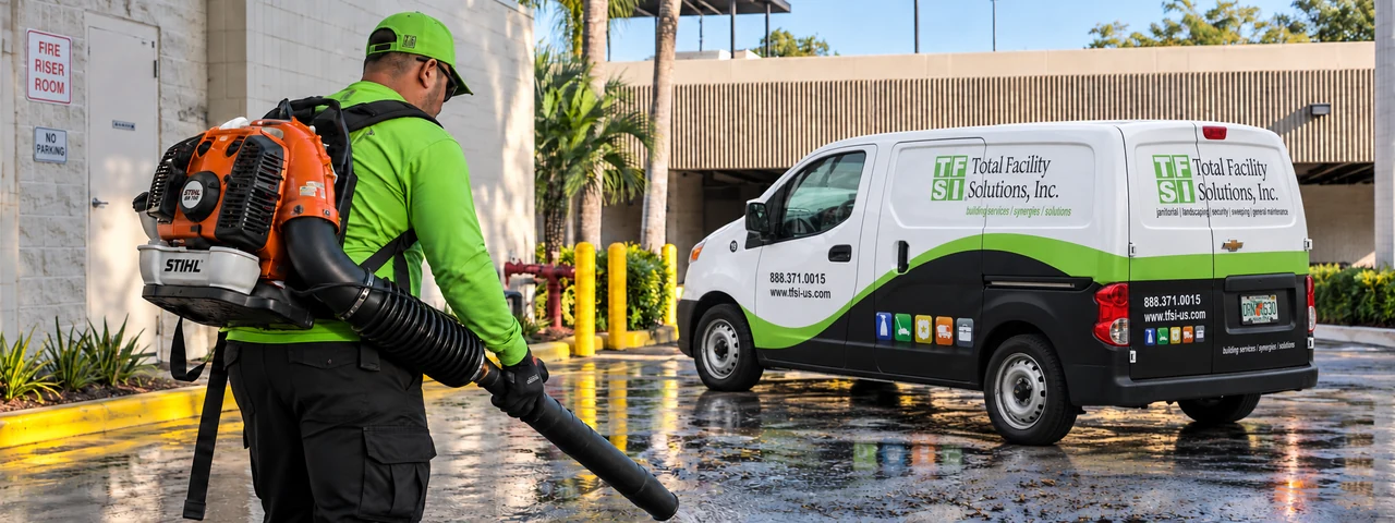 Worker using a backpack blower beside a compact TFS service van