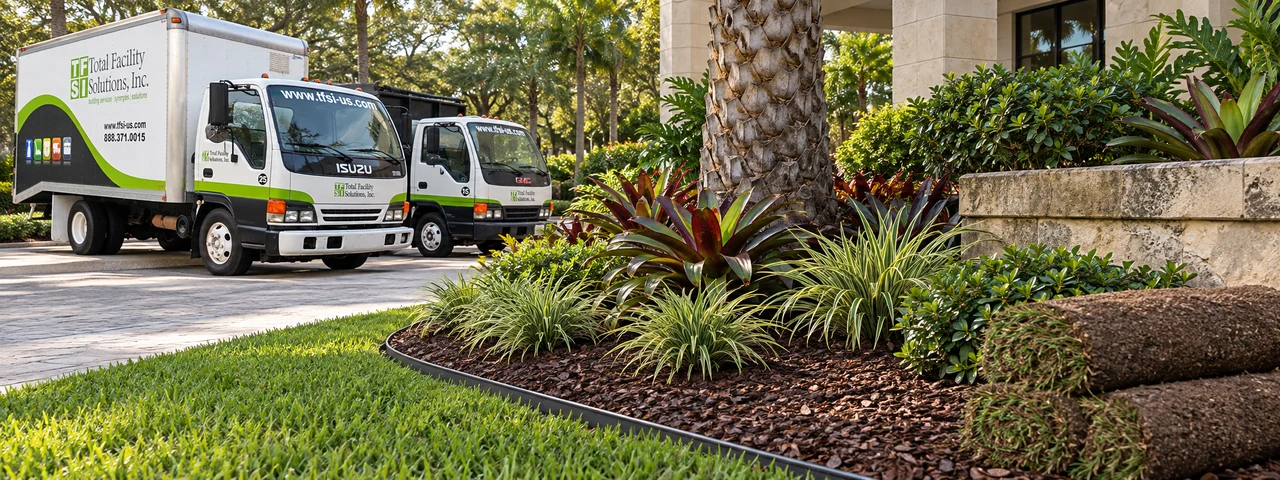 Refreshed layered planting bed with fresh mulch and defined edging against a commercial facade