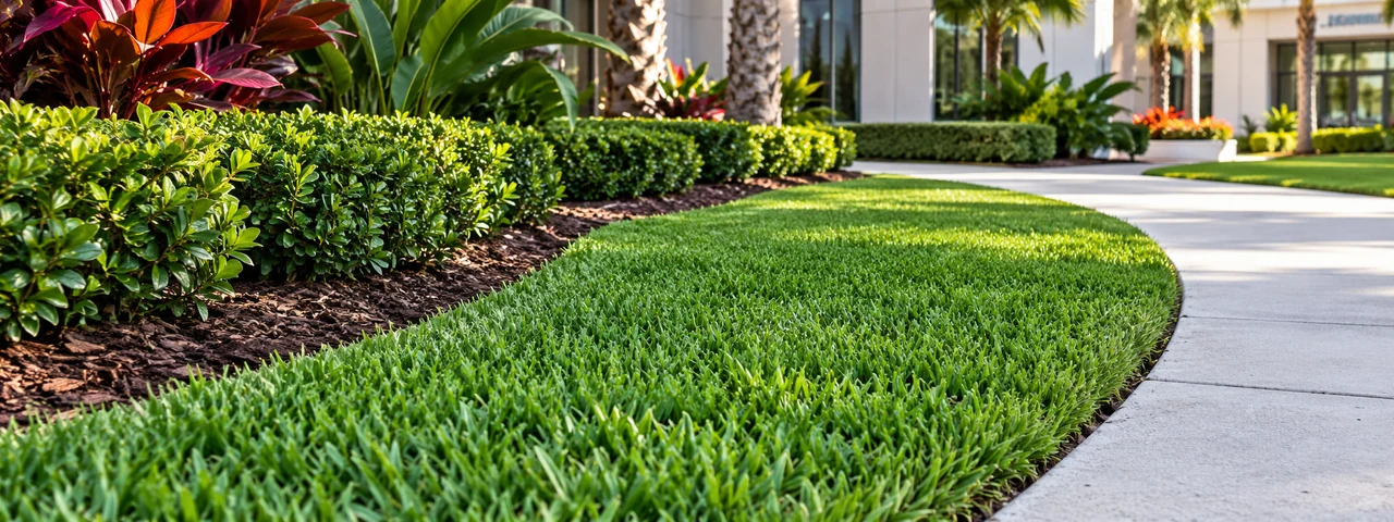 Sharply maintained lawn edge and layered planting beside a commercial walkway
